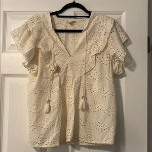 Eyelet Ruffle V-Neck Tassel Blouse - Cream
